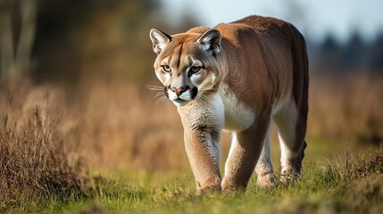 Fototapeta premium Majestic Cougar Walking in Autumn Grassland Wildcat Powerful Predator Nature Photography Wildlife Animal Image Beautiful Brown Fur puma fall eyes hunt