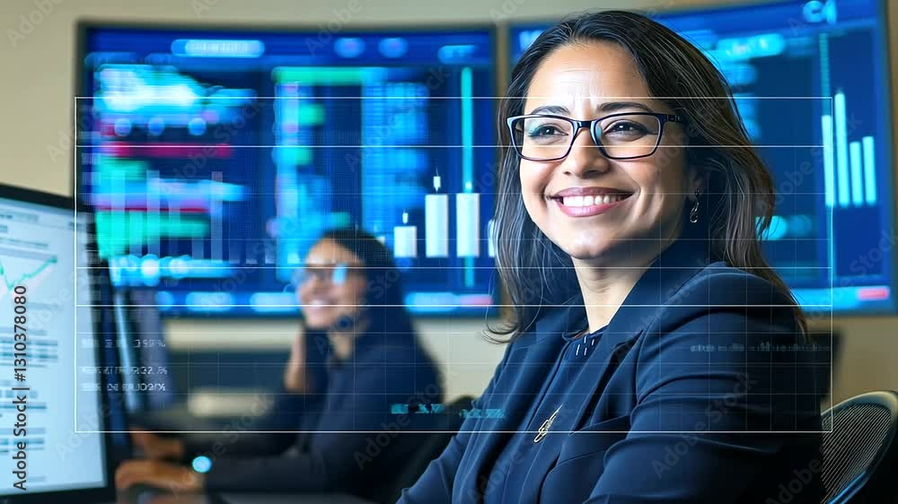 Poster an experienced hispanic data scientist analyzes risk management strategies in a cutting-edge tech en