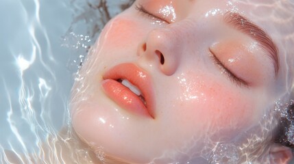 Woman's Face in Water with Closed Eyes and Pink Lips