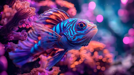 Close-up of a mandarinfish with intricate details of its scales, surrounded by holographic coral in a futuristic marine landscape, surreal, neon lights