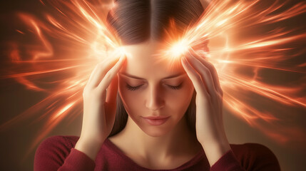 A woman touching her temples, radiant energy swirling around her head as she sends a message.