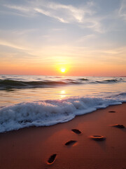beach, wave and footprints at sunset time