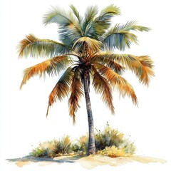 Lush tropical palm tree with vibrant fronds standing amidst sandy vegetation on a sunny day