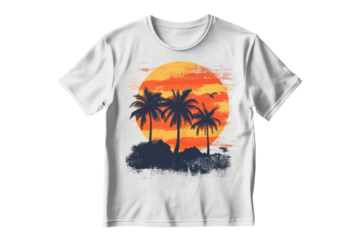 T-shirt design featuring palm trees and a sunset over a tropical landscape in warm colors