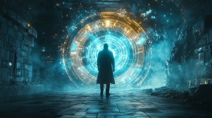 Fototapeta premium Time Traveler Walking into Glowing Portal