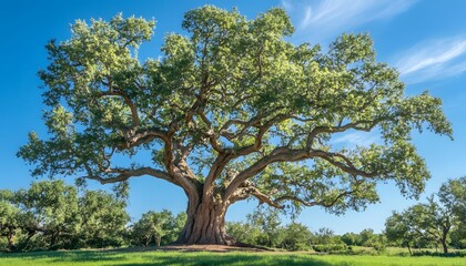 Fototapeta premium tree, old, ancient, majestic, sunset, sunrise, golden, light, sun, nature, landscape, roots, branches, leaves, trunk, bark, soil, ground, earth, sky, clouds, horizon, field, grass, green, brown, huge,