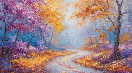 A vibrant painting depicting a forest path surrounded by colorful trees.