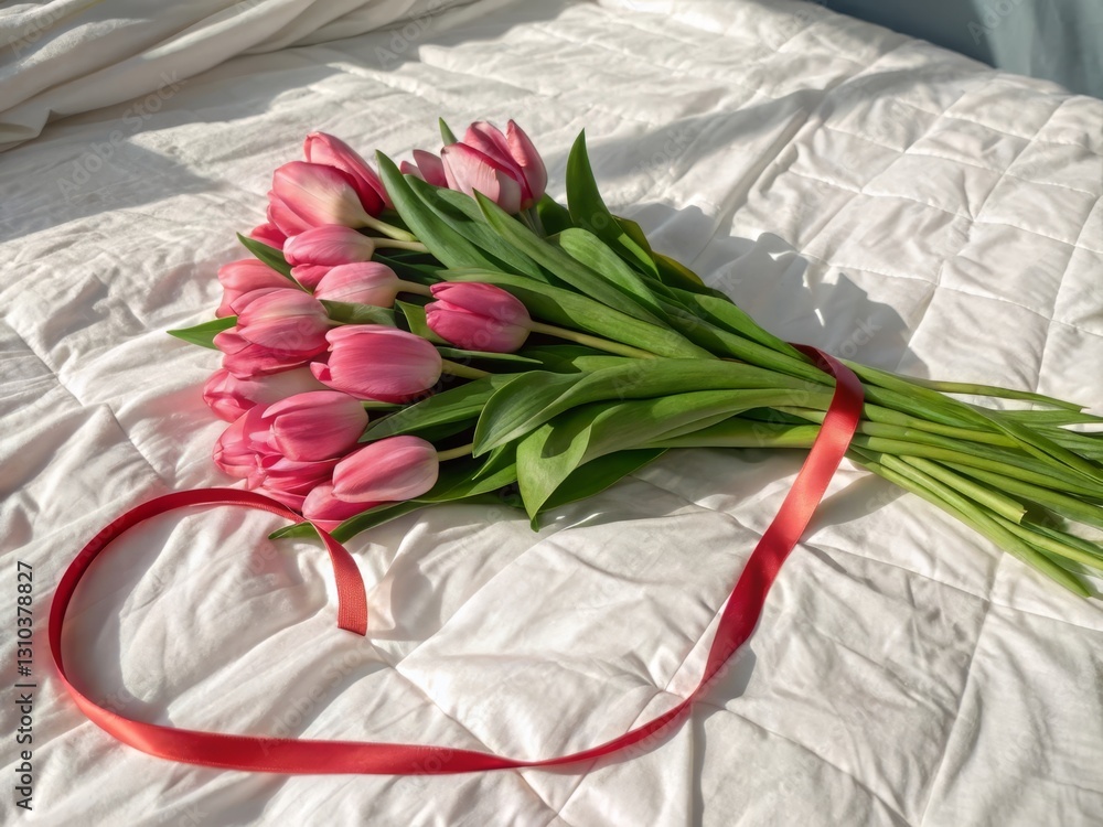 Poster a bouquet of pink tulips tied with a red ribbon rests on a white quilted surface, creating a delicat