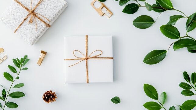 Sophisticated flat lay featuring a holiday gift card with elegant wrapping supplies and subtle office elements, perfectly balanced