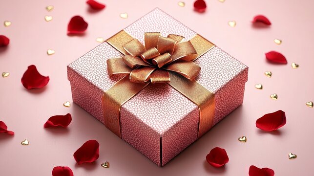 Square gift box with intricate textures, accented by red rose petals and golden ribbon, fading into a pink gradient, luxury Valentine theme