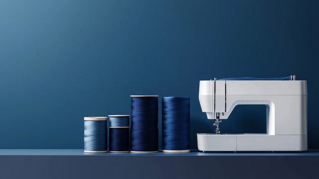 Spools of deep navy and sky-blue threads, partially unwound, placed in front of a sleek white sewing machine in a minimalist setup