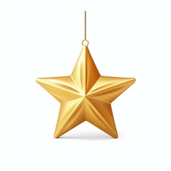 Fototapeta premium A glossy gold star ornament with a loop, perfect for festive dcor, stands out against a crisp white background.