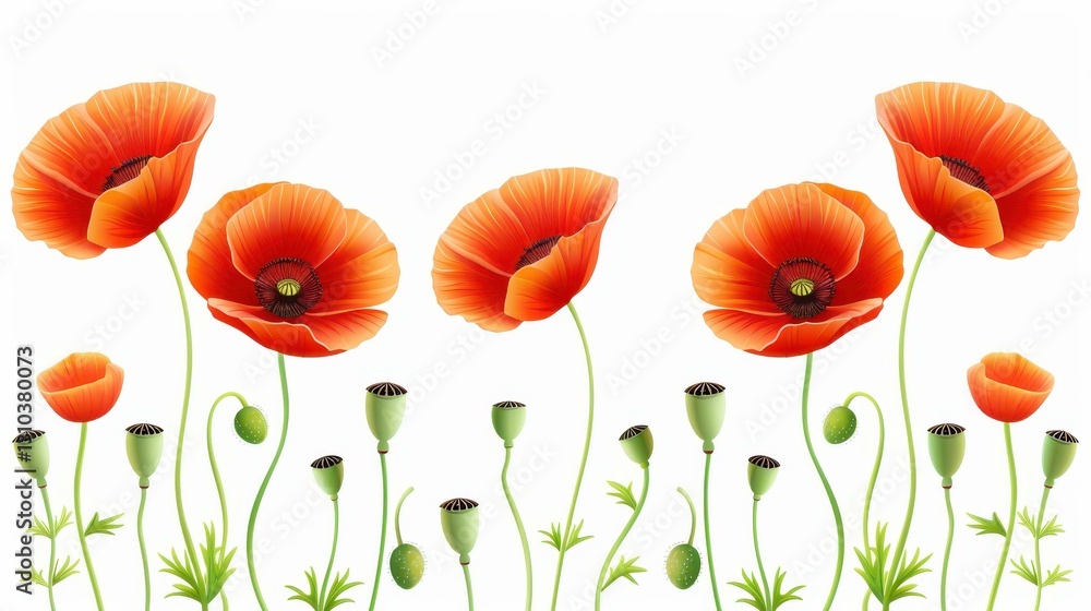 Poster delicate poppy flowers create a beautiful, seamless border, perfect for adding a touch of nature to 