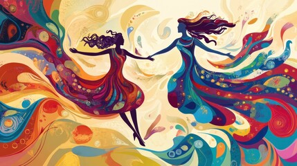 Abstract Illustration of Dancing Women with Oceanic Theme