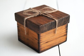 Beautiful Rustic Wooden Gift Box with Twine Bow on White Background