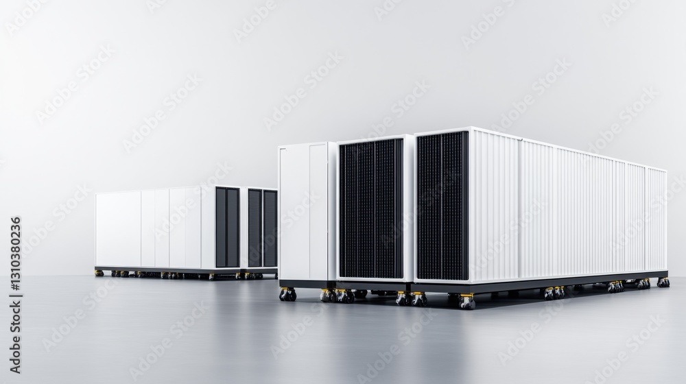 Poster industrial server units in a minimalist modern environment with focus on technology and data managem