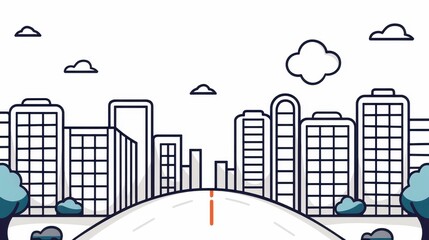 Obraz premium A sleek, thin line illustration showcasing a modern cityscape with cars and office buildings against a light backdrop.