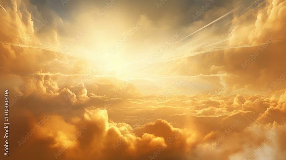 Poster soft yellow rays pierce through thick clouds, creating a stunning celestial display that captivates 