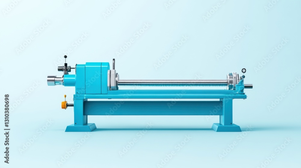 Poster modern blue lathe machine for precision engineering and metalworking on a light background