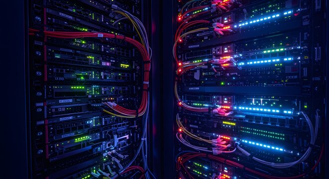 A server filled glowing lights, representing the pulse of a digital network