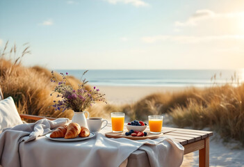 Romantic Beach Breakfast with Croissants, Juice, and Ocean View at Sunrise.