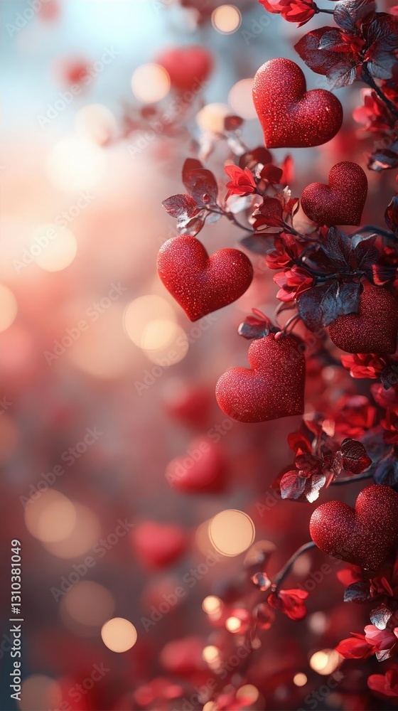 Poster vibrant red hearts hanging from a decorative branch, creating a romantic atmosphere with soft bokeh