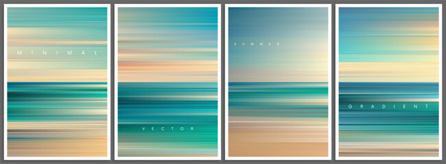Set of summer gradient posters in minimal style. Beautiful ocean beach horizon with azure ocean, sand and blue sky. Trendy design with ambient soft blurred background for banner, flyer or book cover © 3d_kot