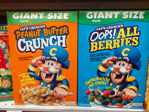 Los Angeles, California &ndash; March 1, 2025: CAP'N CRUNCH Cereals on a shelf in a supermarket. Cap'n Crunch is a brand of Quaker Oats Company 