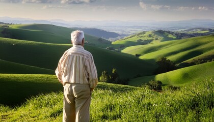 Elderly Man Standing on Green Rolling Hills, Looking at Scenic Landscape