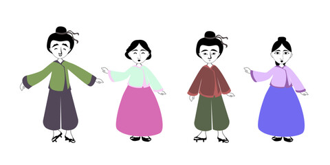 asian men women wearing traditional clothes smiling people in national ancient costumes standing pose or japanese male female cartoon characters full length flat horizontal