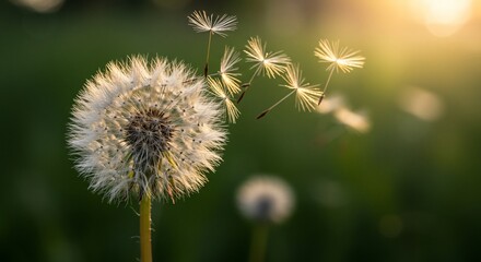 Obraz premium Sunset Dandelion Seeds Dispersing in Meadow