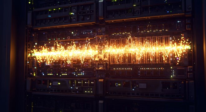 A server filled glowing lights, representing the pulse of a digital network