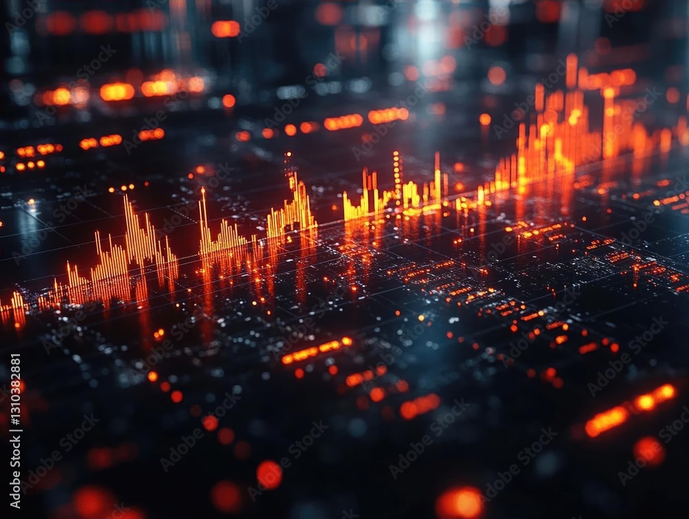 Poster abstract digital visualization of fluctuating data with glowing orange peaks and dark background