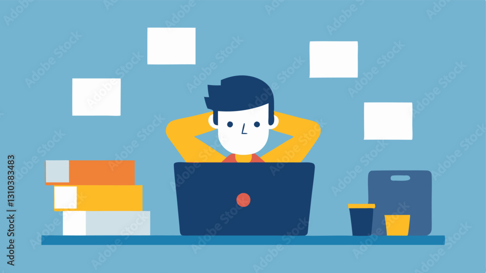 Poster stressed out worker an employee sitting at a computer with their head in their hands surrounded by p