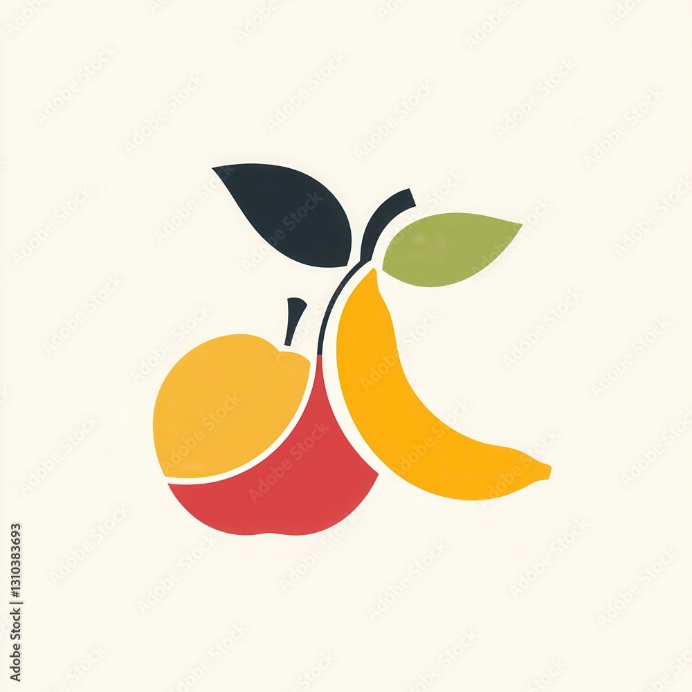 Poster modern minimalist fruit logo design featuring abstract apple, pear, and banana elements on a clean w