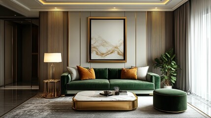 Elegant Green Velvet Sofa In Luxurious Living Room