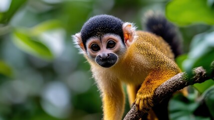 Obraz premium Vibrant Guianan squirrel monkey exploring tree branches in lush greenery