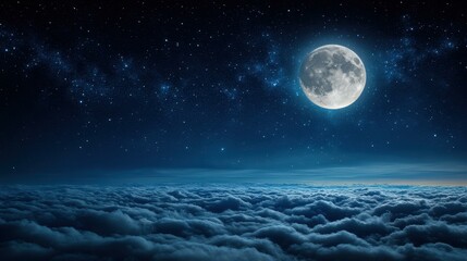 Experience a serene evening under a bright moon and starry sky, embracing the tranquil beauty of dreamy cloudscapes.