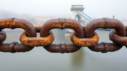 Fototapeta premium Closeup of rusty chain links with a historic bridge in the background, capturing the essence of a rainy dawn in the city.