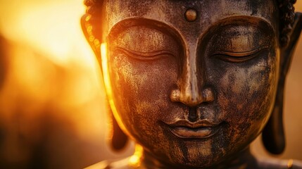 Experience peace with this serene Buddha face, illuminated by radiant sun rays, embodying meditation and spirituality.