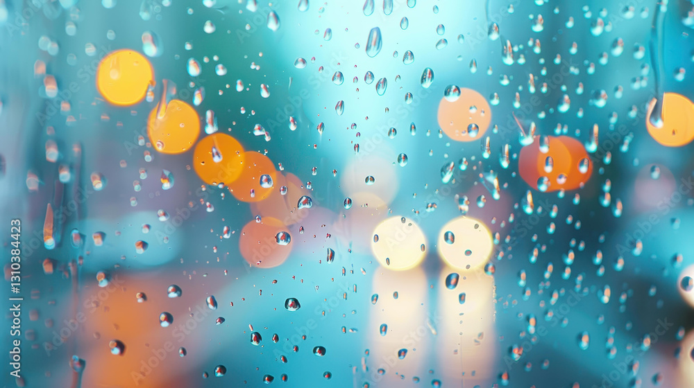 Poster a vibrant abstract backdrop featuring raindrops on a dark window, creating a mesmerizing bokeh light