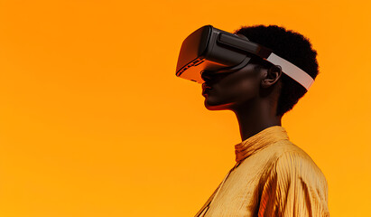 Elegant Woman in VR Headset on Orange Background