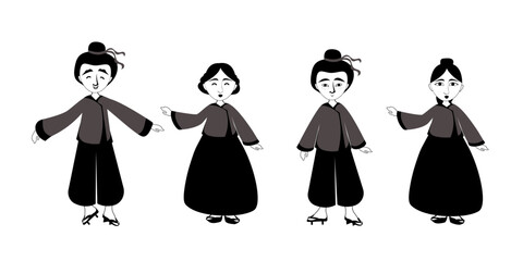 asian men women wearing traditional clothes smiling people in national ancient costumes standing pose or japanese male female cartoon characters full length flat horizontal