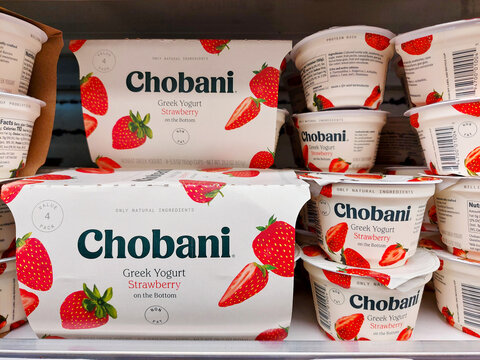 Los Angeles, California &ndash; March 1, 2025: Chobani Greek Yogurt on sale in a supermarket refrigerator shelf