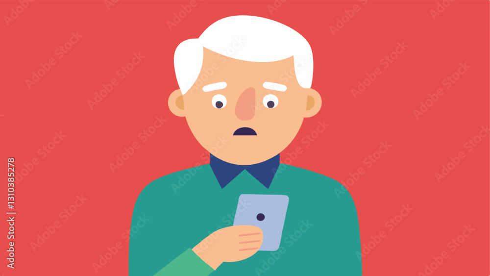 Poster technology challenges a senior trying to use a smartphone with a puzzled look highlighting the techn