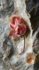 A Red And White Tulip Rests Upon A Textured Stone Surface