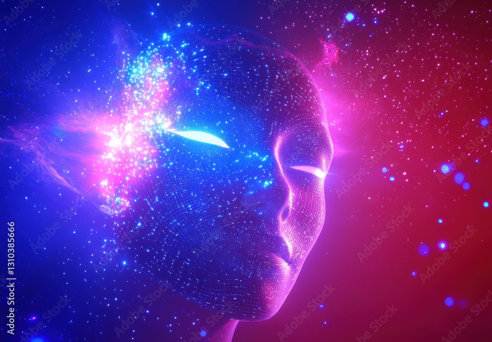 Poster elegant ai digital human head, abstract background with purple and red shades of the space sky the d
