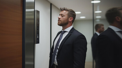 A man in a suit and tie is standing in an elevator. He is looking at the floor number