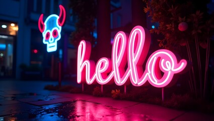 Photo of a neon sign that says "hello" in pink cursive, with a large skull with red eyes in the background. The skull has two horns and a sinister expression