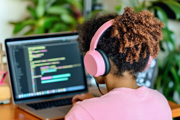 Teenage girl sits at laptop and coding. Black teen girl uses AI-powered tool, interactive lessons. Online education, technology, artificial intelligence, science concept